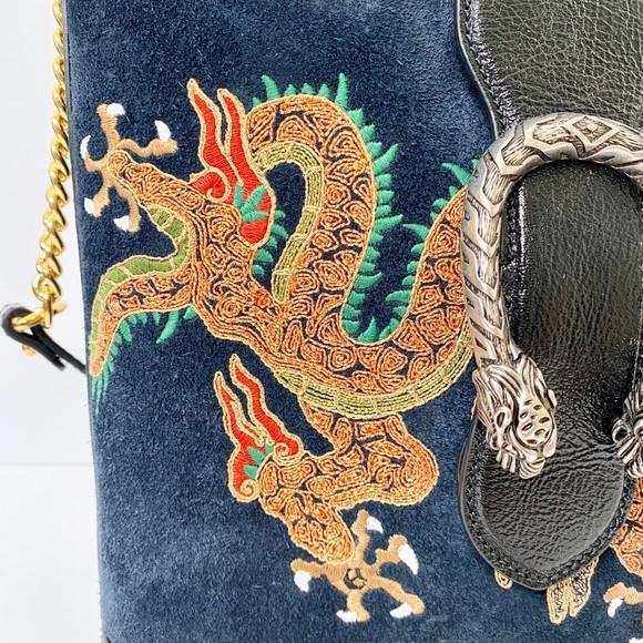 Auth Gucci Suede Dragon Embroidered Bucket Bag - Picture 6 of 16
